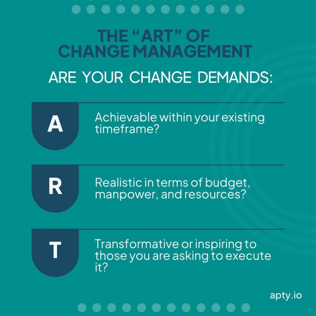 The ART of change management. Are your demands achievable within your existing timeframe; realistic in terms of budget, manpower, and resources; and transformative and inspiring to those you are asking to execute it?