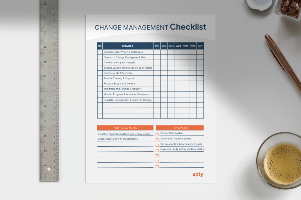 Apty Generic Change Management Checklist on an office desk